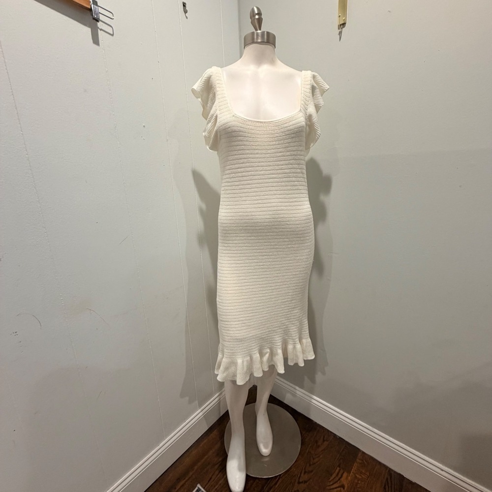 House of Harlow 1960 Cream Ruffle Sleeve Knit Midi Dress Ruffle Hem | Size S
